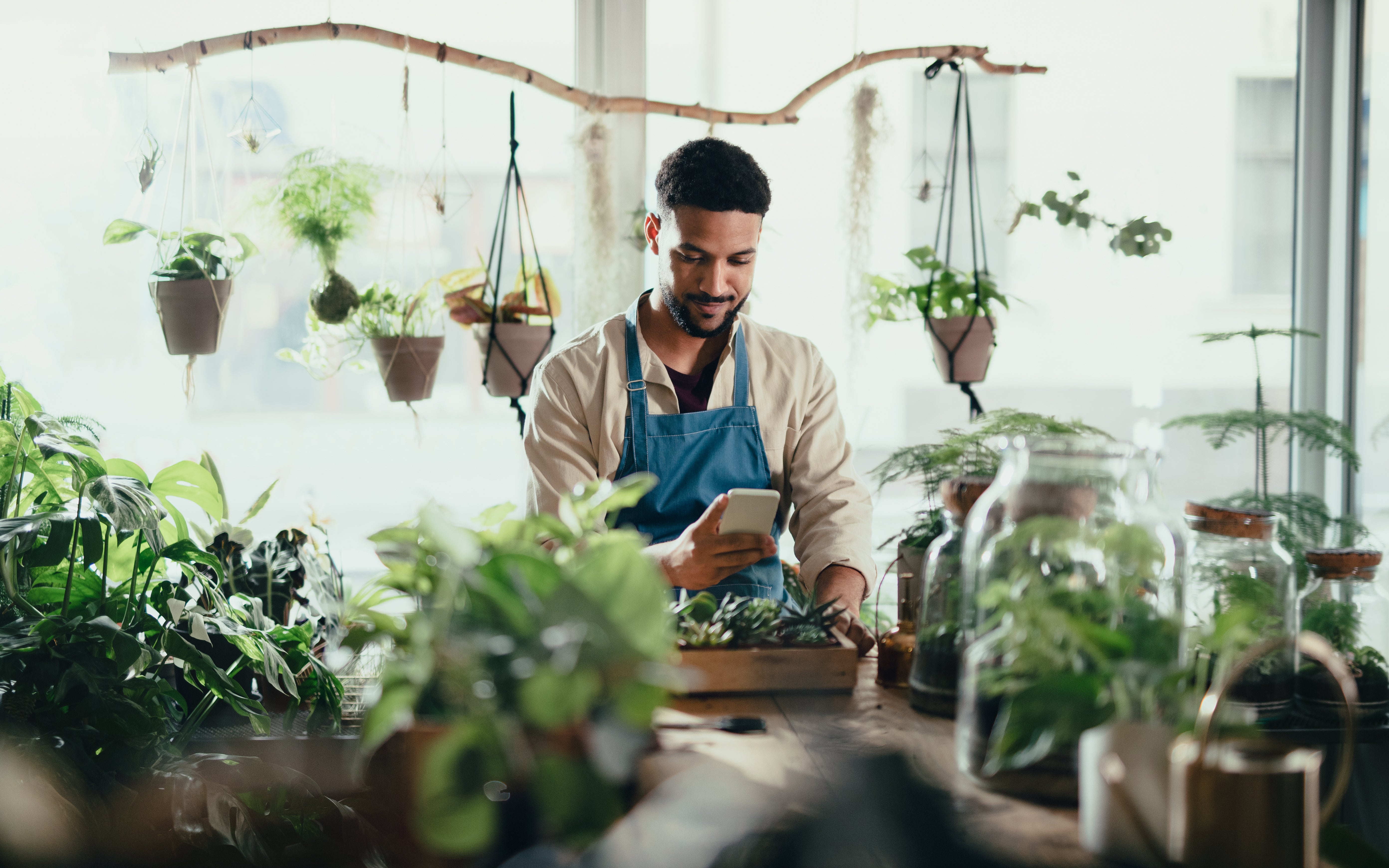 Shop Owner In Houseplant Boutique Surrounded By Plants
