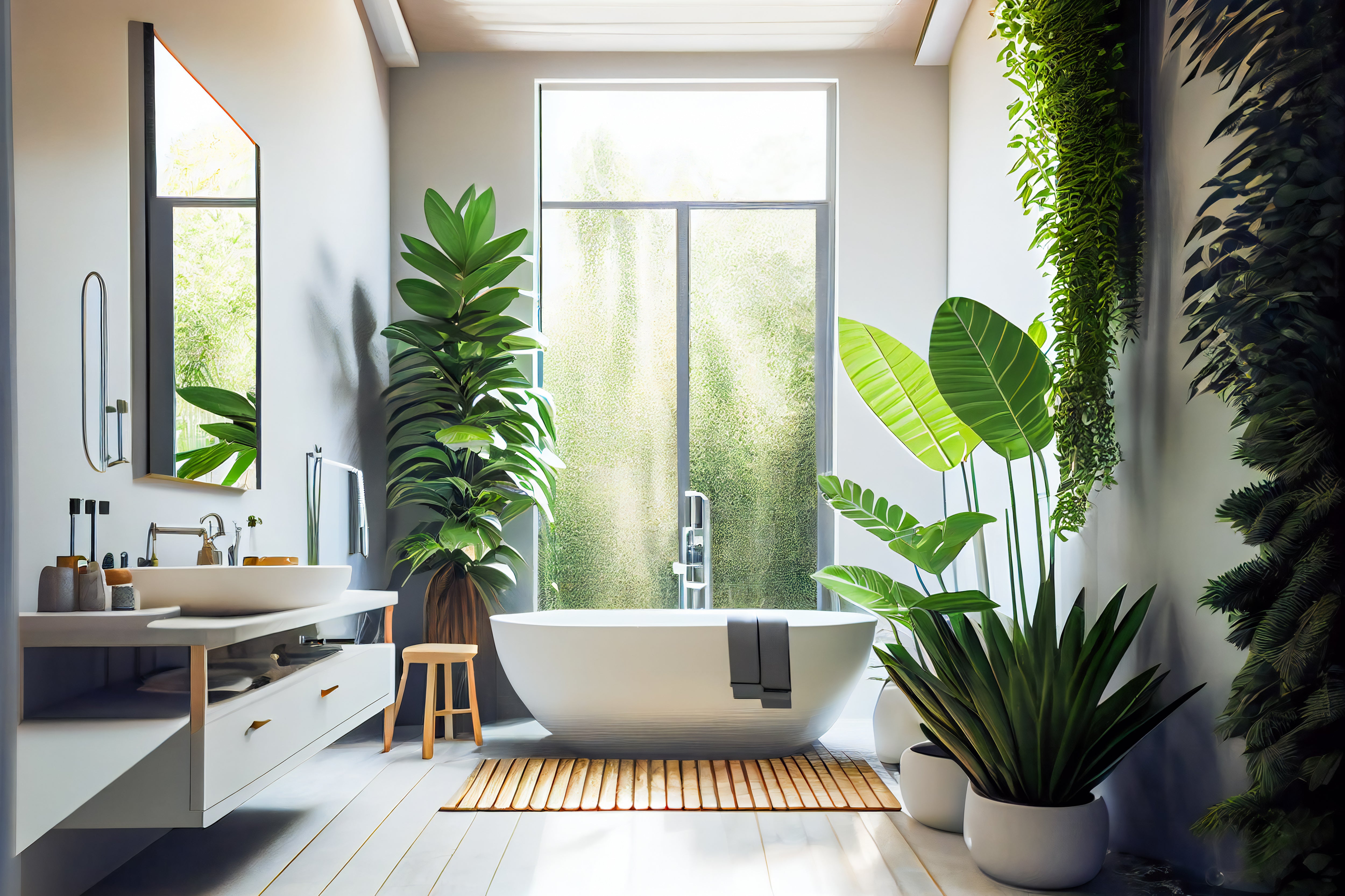 Upscale Bathroom With A Bunch Of Large Lush Houseplants
