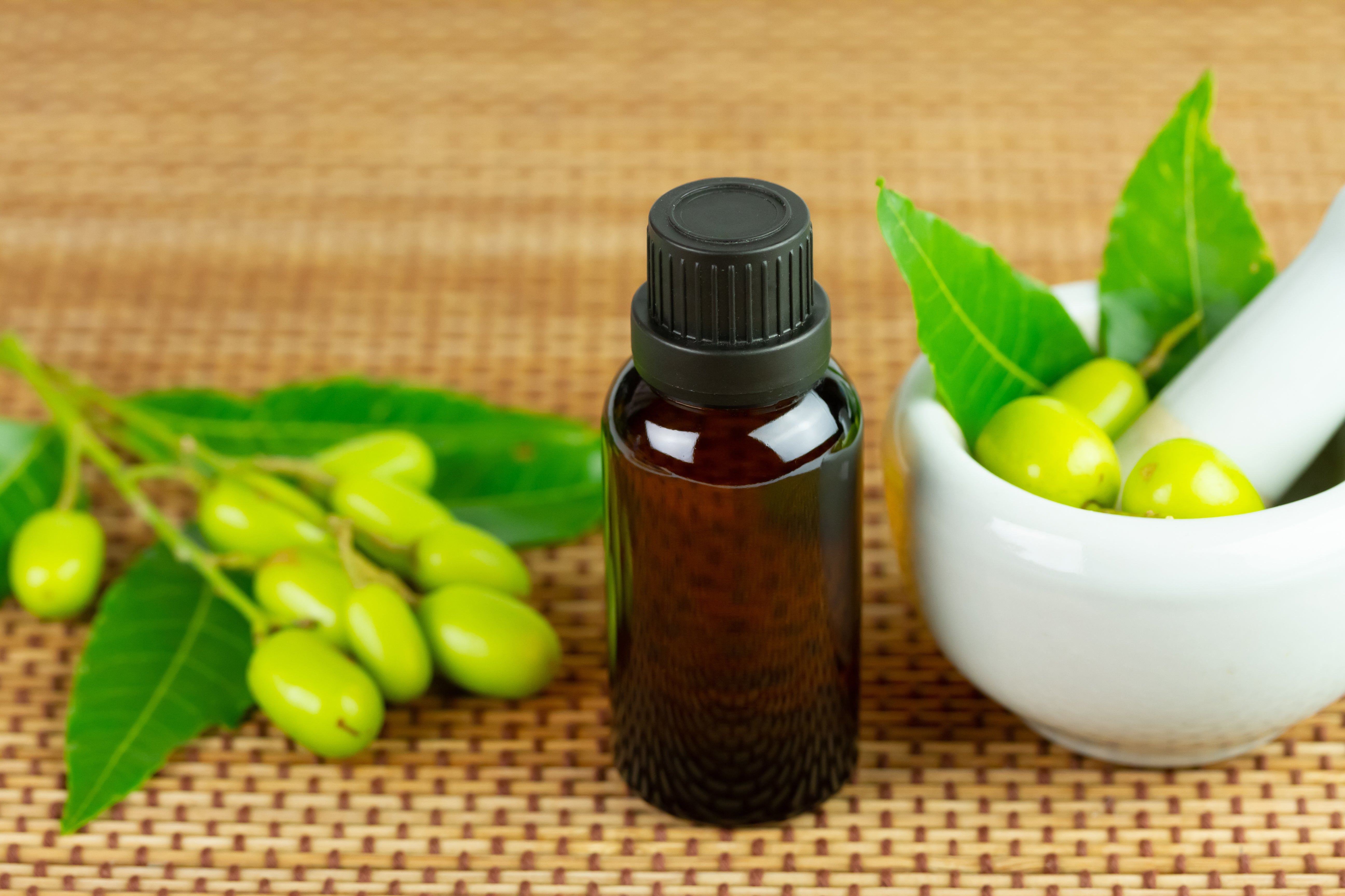 Bottle Of Orangic Neem Oil With Next To Mortar & Pestle
