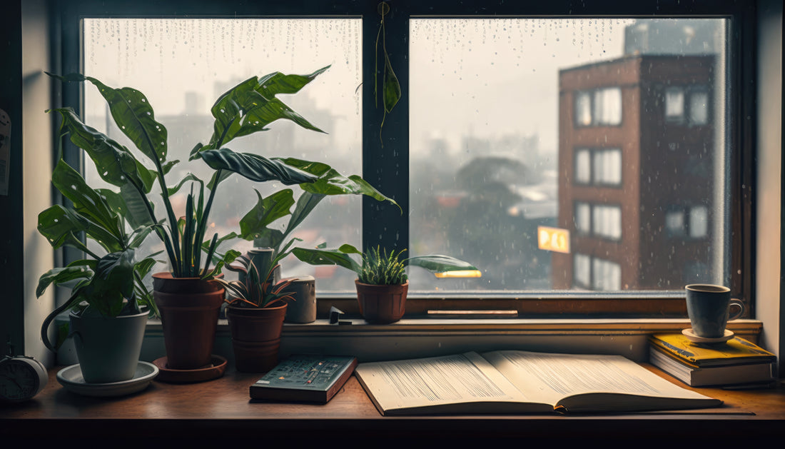 Several Small Houseplant In Modern Apartment Windowsill Overlooking Rainy Urban Skyline