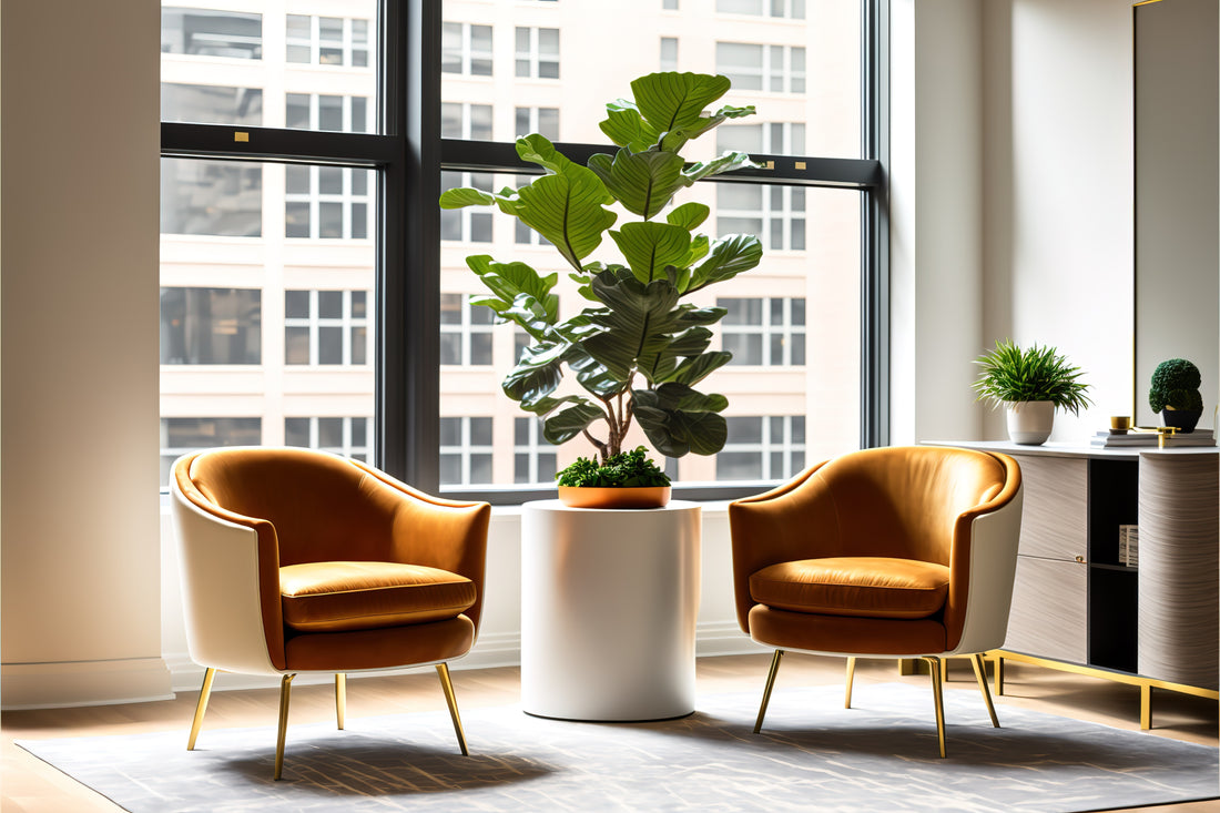 Healthy Fiddle Leaf Fig Sitting In Platter On Side Table In Upscale Apartment