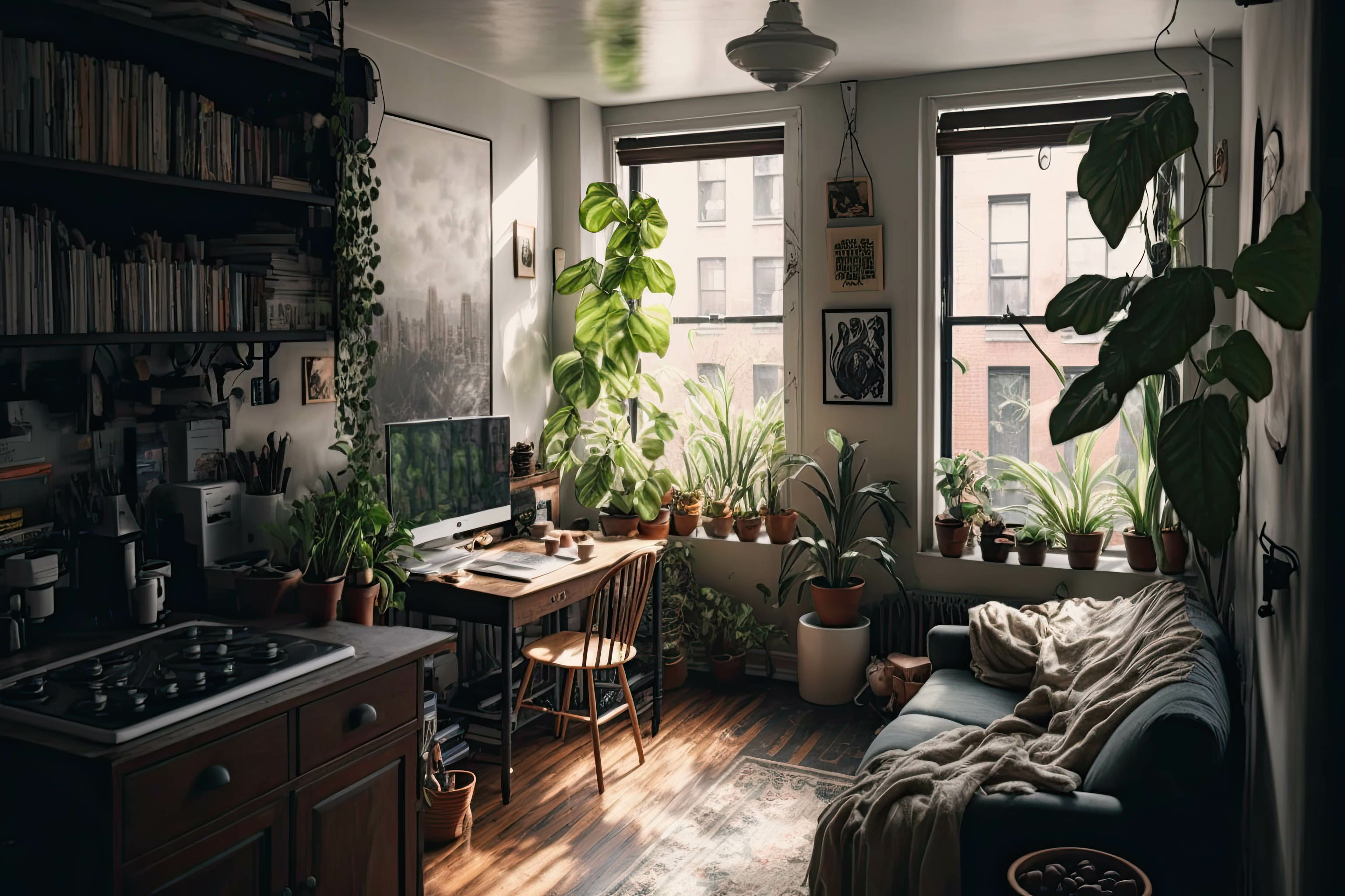 Low Light Studio Apartment In NYC Covered With Houseplants