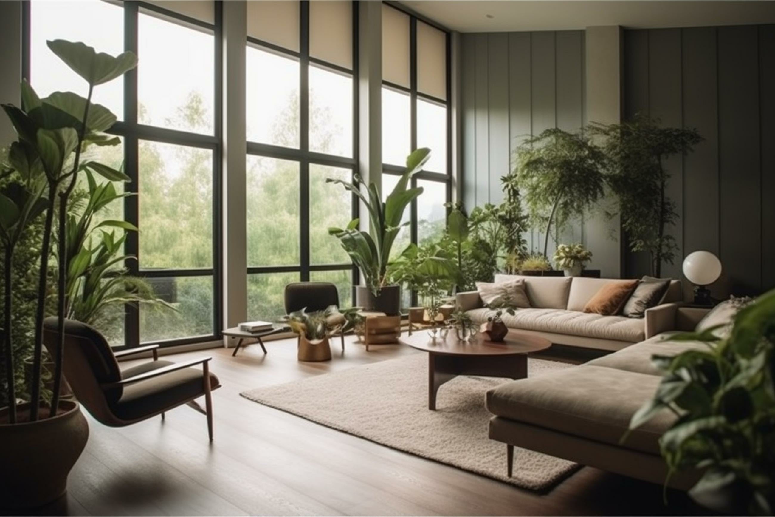 modern home with many tall potted indoor plants