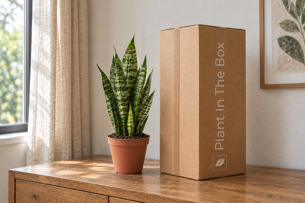 Medium Snake Plant Gift With Plant In The Box Shipping Box next to it on a table
