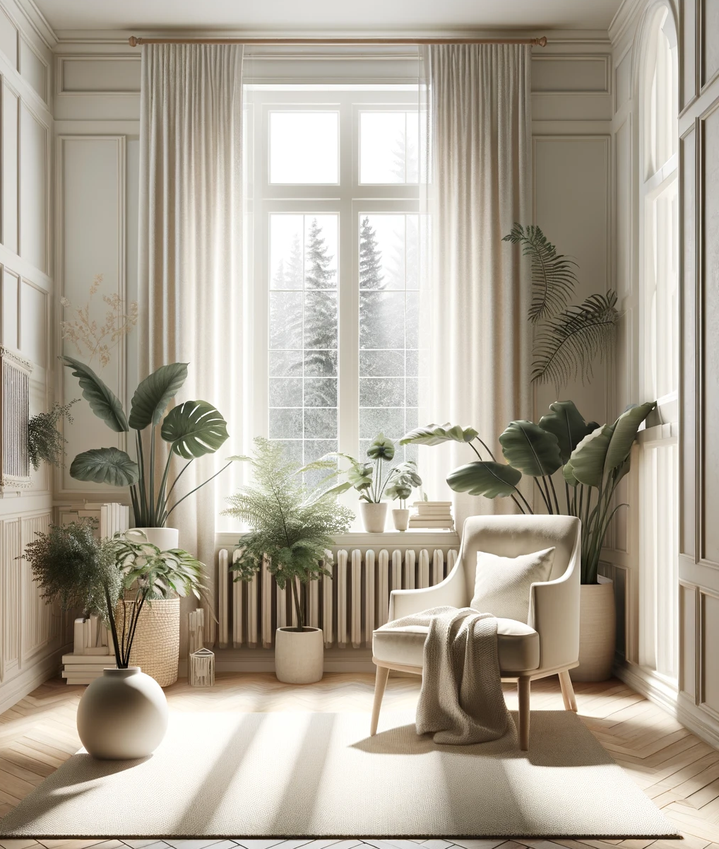 Image of off white natural themed living space with leafy houseplants all around