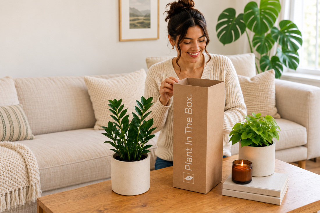 Woman opening a Plant In The Box plant gift at home with two healthy houseplants